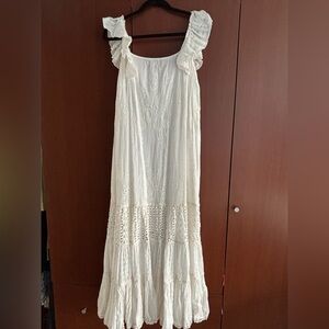 Ivory Tiered Embroidered Maxi Dress w Ruffled Flutter Sleeves Anthro -worn once
